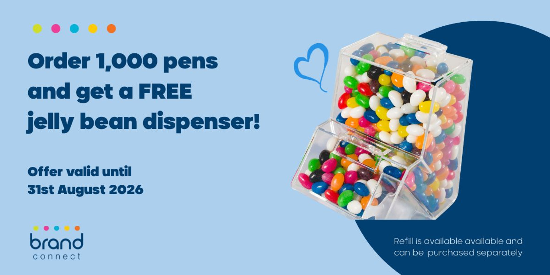 get free jellybeans dispenser with beans when you buy 1000 pens