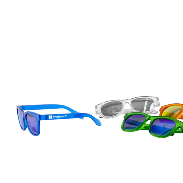 A collection of summer polarised sunglasses in blue, clear, green, and orange with a logo on one pair.