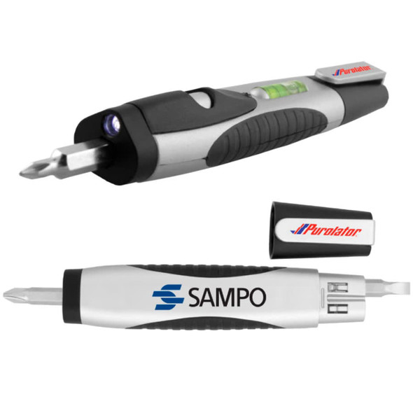 A flashlight tool kit featuring a silver and black design with a screwdriver, built-in level, and a small battery compartment.