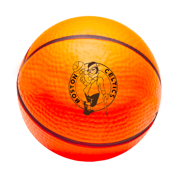 An orange and yellow basketball featuring a logo, designed as a stress ball for fun and games.
