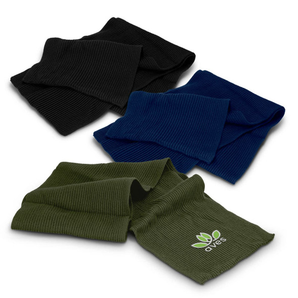 A collection of Denali scarves in black, navy, and olive green, featuring a logo on the olive scarf.