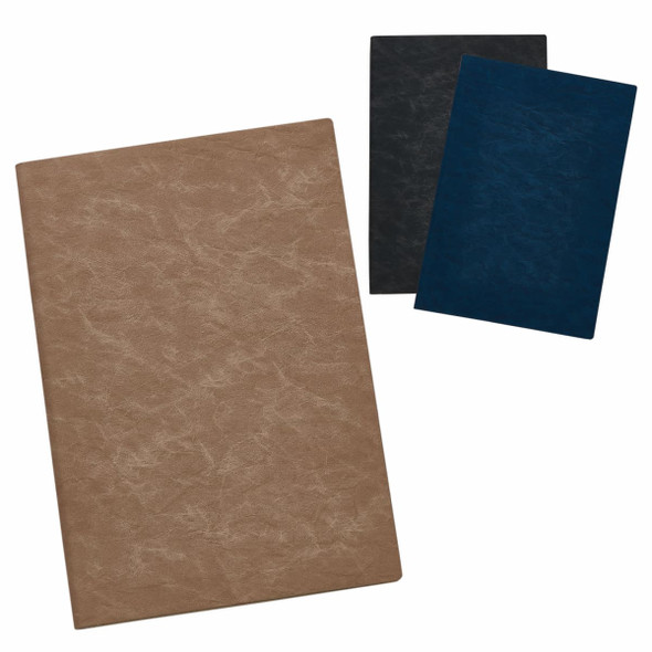 A set of three notebooks in tan, black, and navy blue, featuring a textured cover and a logo.