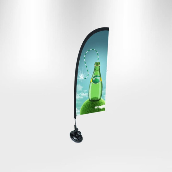 A vibrant green flag featuring a drink bottle design, attached to a black suction cup base.