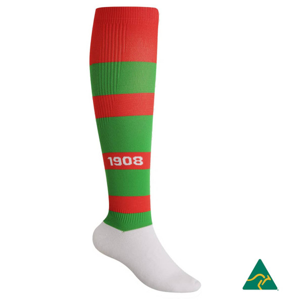 Red and white striped compression football sock with a logo on the upper part.