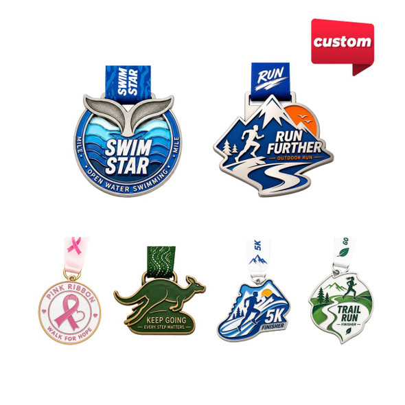 A selection of custom medals in various colours featuring designs for swimming, running, and a pink ribbon theme.