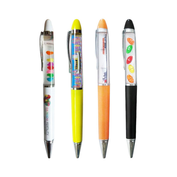 A collection of four floating pens in white, yellow, orange, and black, featuring various colourful designs inside.