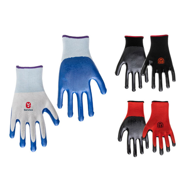 Gardening gloves featuring a mix of grey, blue, red, and black colours. Includes gloves with a logo.