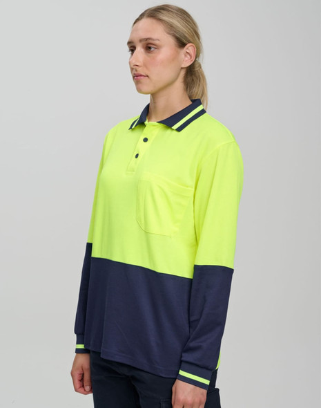 Hi-Vis long-sleeve safety polo in bright yellow with navy blue accents and a pocket, featuring a logo.