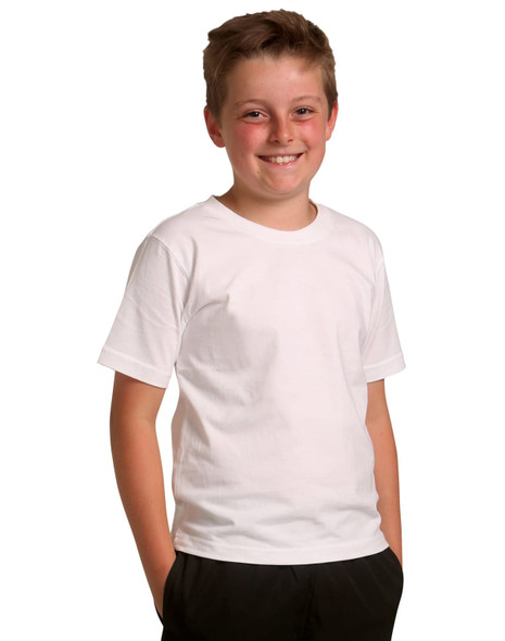 A white children's T-shirt displayed on a smiling boy, featuring short sleeves and a simple design.