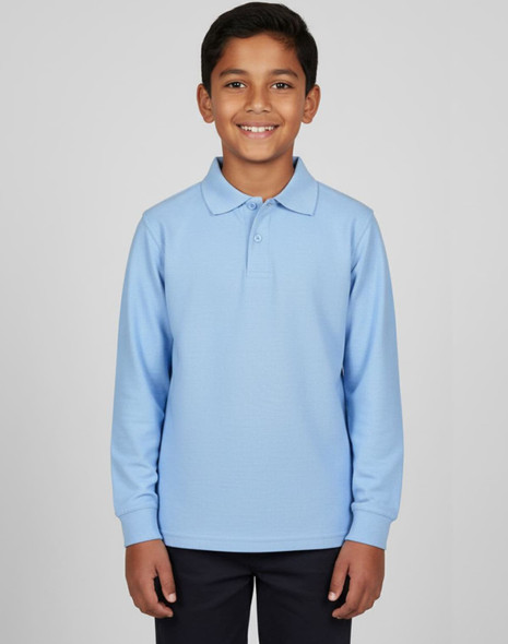 A red long sleeve polo shirt for kids, featuring a collar and a logo on the chest.