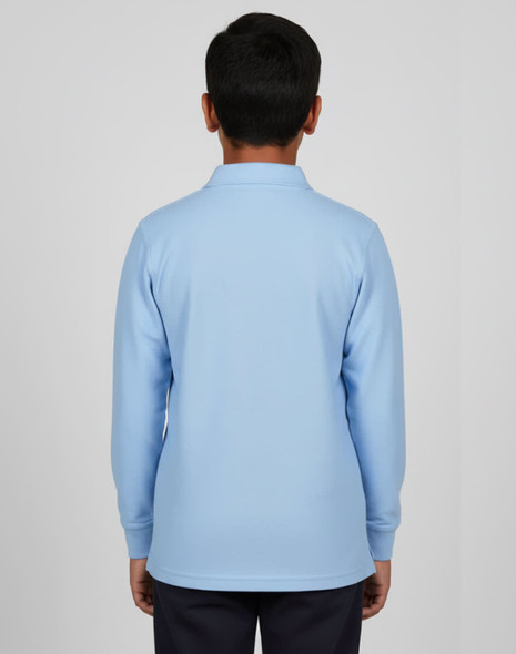 A back view of a light blue long-sleeved polo shirt with a collar, featuring a logo.
