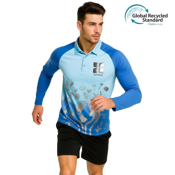 A man is wearing a blue and light blue long-sleeved polo shirt with a logo and a printed design.