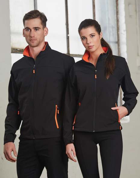 A black softshell jacket with orange highlights, featuring a zip front and pockets, displayed on a male and female model.