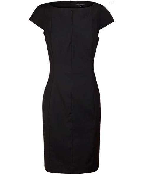 A black cap sleeve dress featuring a fitted silhouette and pleated detailing, designed in a wool blend stretch fabric.