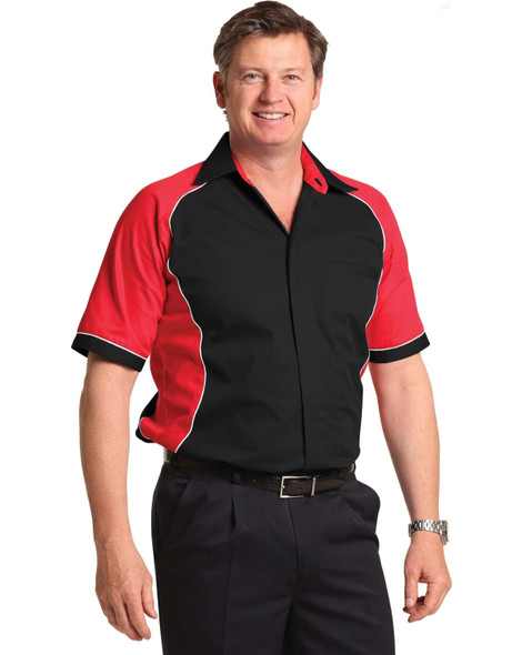 A button-up shirt featuring a tri-colour design in black, red, and white, with a logo on the chest.