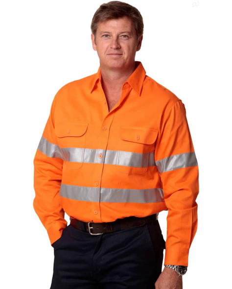 An orange long-sleeved drill shirt featuring reflective 3M tape stripes, designed for safety wear.