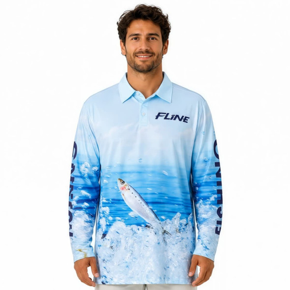 A light blue men's polyester spandex polo shirt featuring a fishing design and a logo on the sleeve.
