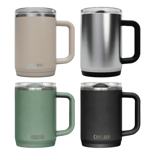 A drink bottle collection featuring a beige, silver, green, and black travel mug, each with a handle and a lid.