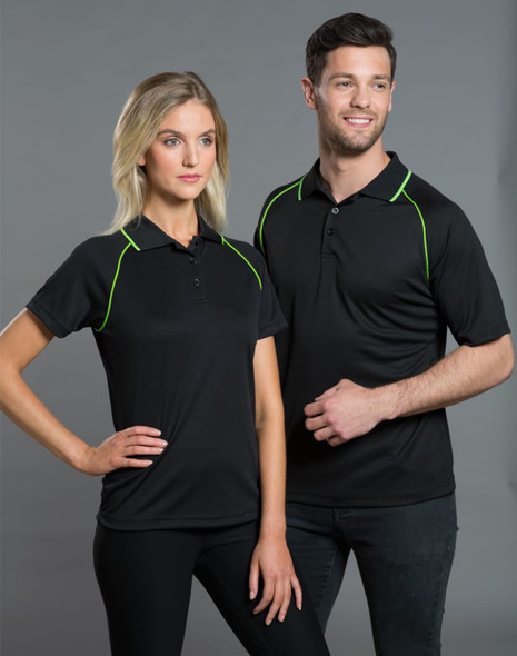 A black men's polo shirt with green detailing, displayed on a male and female model against a grey background.