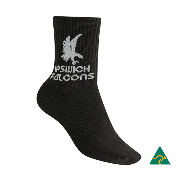 A pair of white quarter socks with navy blue accents and a logo on the cuff, featuring red and blue stripes.