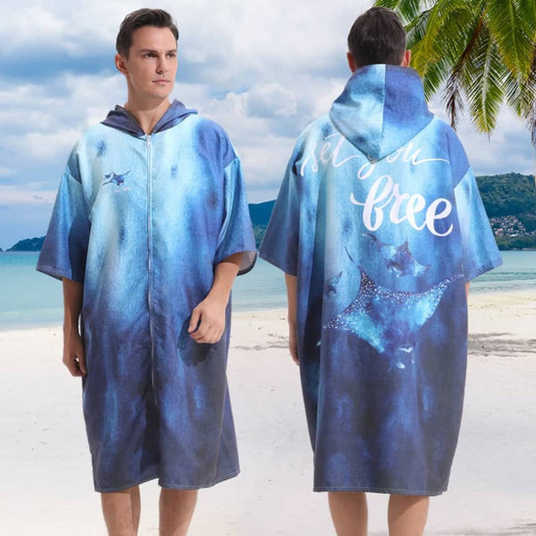 A hooded change towel in blue gradient with a zip, featuring a design on the back and a logo. Suitable for leisure use.