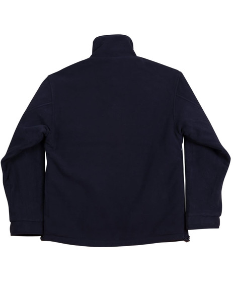 A navy blue reversible jacket with a high collar, featuring long sleeves and a simple design. It has a logo.