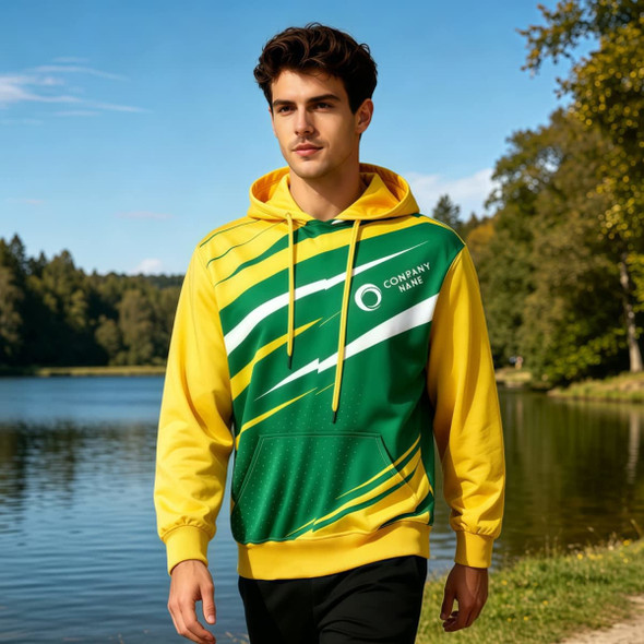 A unisex adult hoodie in yellow and green with a pocket and a logo, featuring a sporty design.