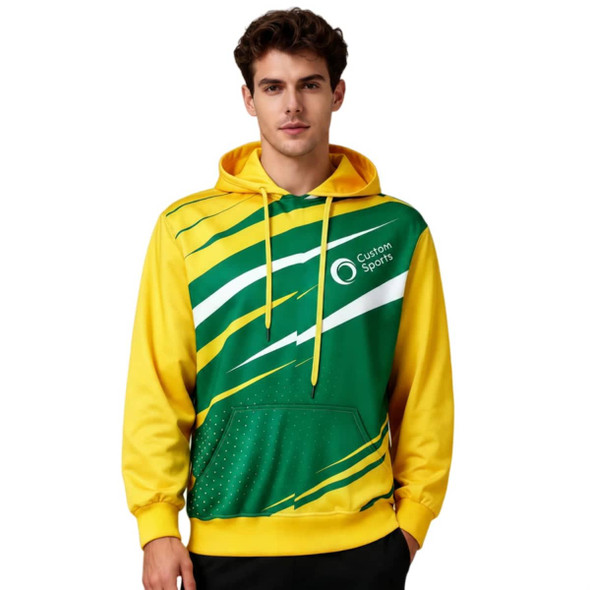 A unisex hoodie featuring a yellow and green design, with a pocket and a logo on the front.