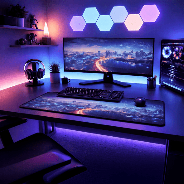 A rubber desk mat featuring a cityscape design on a sleek black surface, complementing a modern office setup.