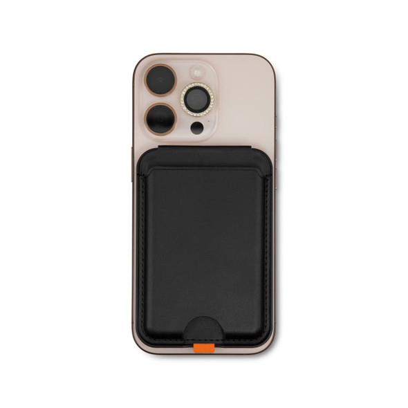 A mobile phone in a pink case with a black wallet attached to the back. The wallet features a logo.