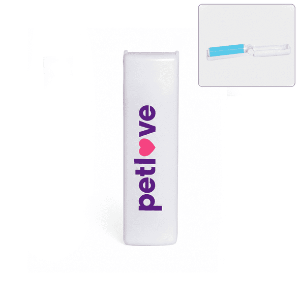 A white lint remover with a blue roller, featuring a branding logo. Ideal for pet hair removal.