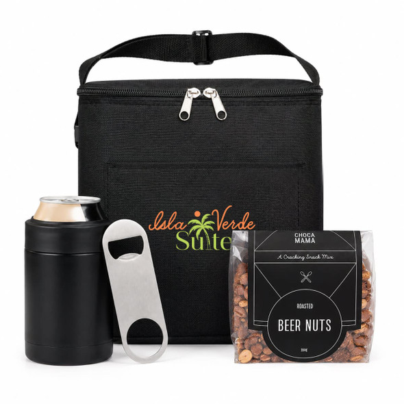 A black cooler bag with a drink bottle, a bottle opener, and a pack of roasted beer nuts.