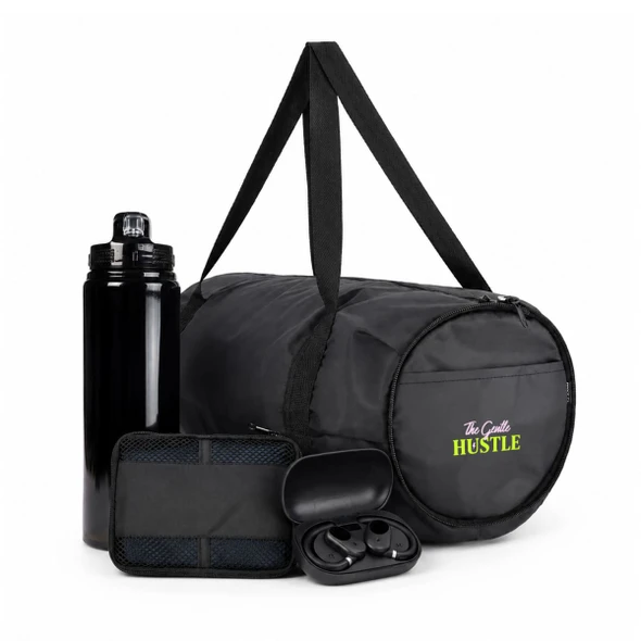A black duffel bag with a drink bottle, a small case, and wireless earbuds, featuring a logo.