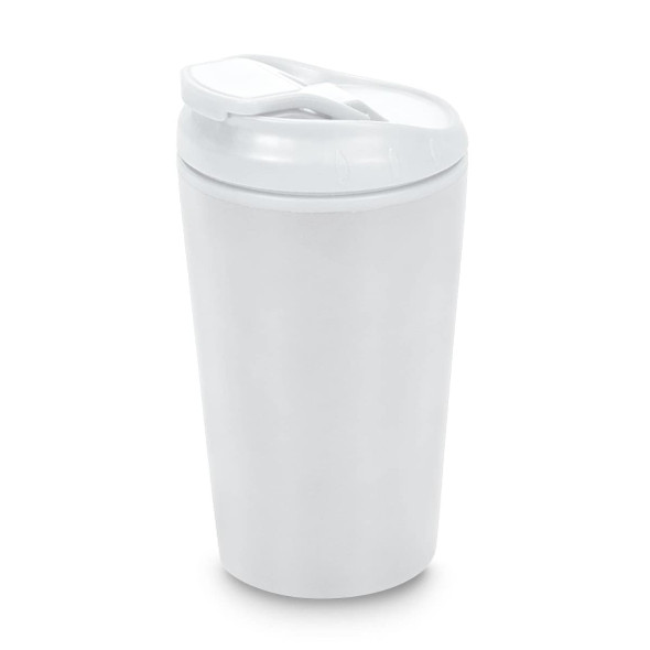 A white reusable coffee cup with a lid, featuring a simple design and a logo.