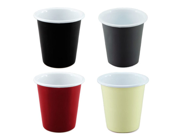 A collection of four Falcon Enamel 300ml tumblers in black, charcoal, red, and pale yellow with white inner linings.