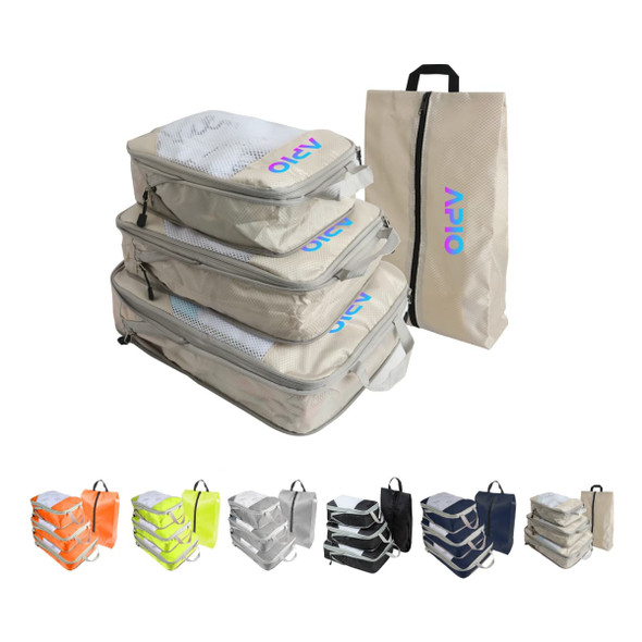A set of travel packing cubes in various colours, including grey, orange, yellow, and black, with a branded carry pouch.