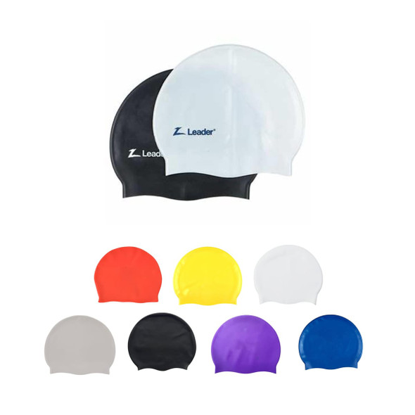 A set of swimming caps in various colours: white, black, yellow, red, blue, purple, and grey, featuring branding.
