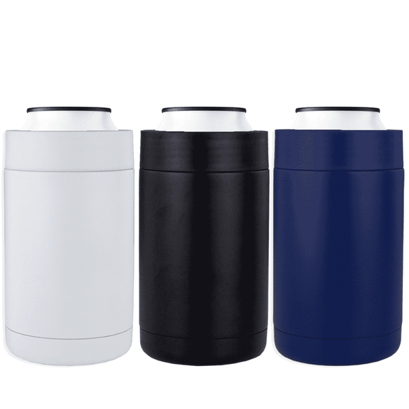 A drink can holder set featuring white, black, and navy options, with each holder designed for insulation.