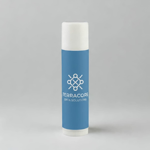 A cylindrical lip balm tube in light blue featuring a white cap and a logo.