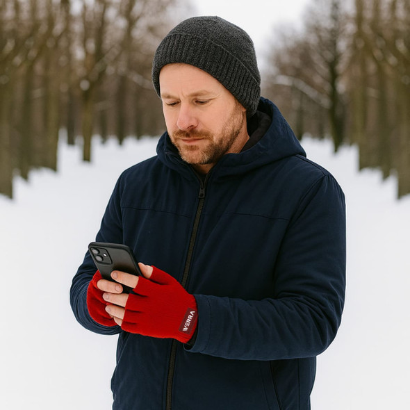 A man in a navy jacket and a grey beanie wears red fingerless gloves while using a smartphone in a snowy lane.