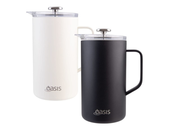 Two insulated coffee presses, one in white and one in black, both featuring a handle and a lid, with a logo.