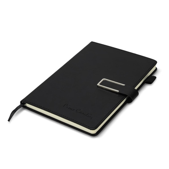 A black diary with a sleek cover and a metallic clasp, featuring an interior with cream pages and a logo.