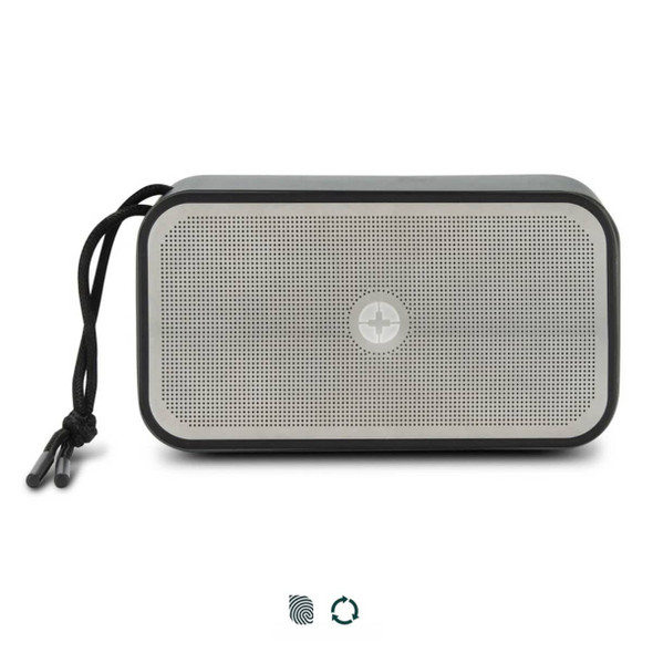 A rectangular grey and silver 10W bass speaker with a textured surface and a detachable strap. It features a logo.