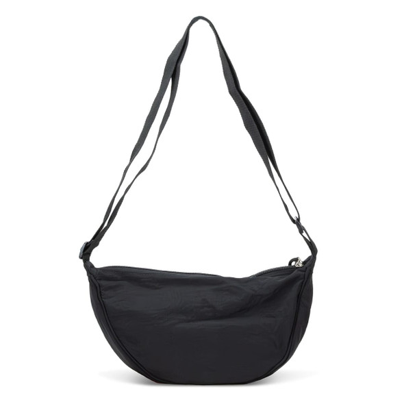 A black shoulder bag with a curved shape and two adjustable straps, featuring a logo on the front.