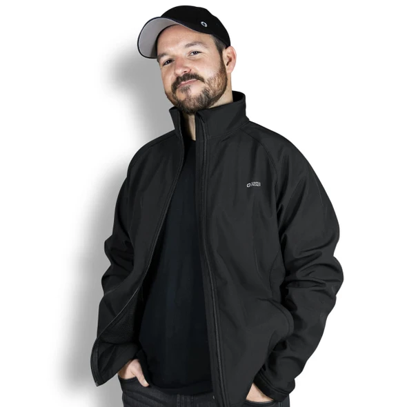A man wearing a black Swiss Peak Urban Softshell Jacket with a branded logo, set against a plain background.