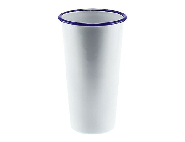 A white enamel tumbler with a blue rim, measuring 775ml and 10cm tall. Features a simple design.