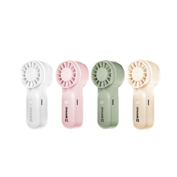 A set of four mini portable handheld fans in white, pink, green, and purple, featuring a simple design and a logo.