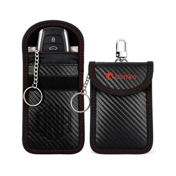 A black carbon fibre key pouch with red stitching, featuring a clip and keyring attachment, and a branded logo.