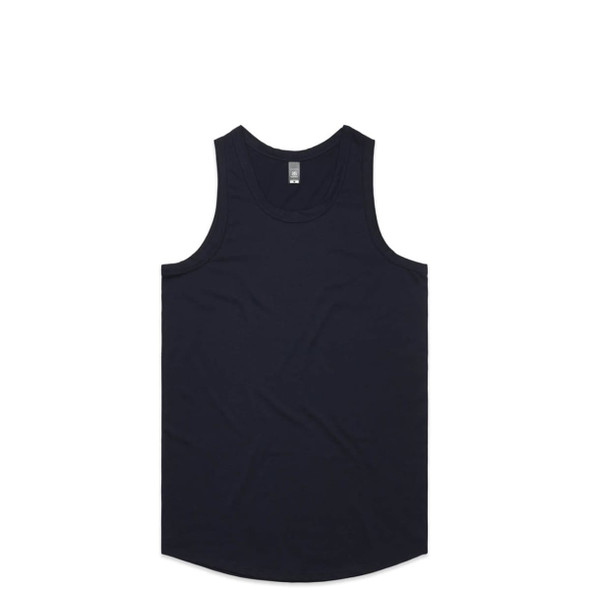 A navy singlet with a round neckline and a plain design, featuring a brand logo.