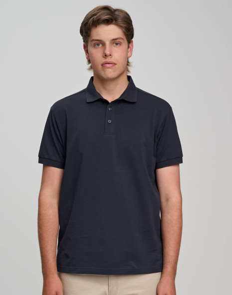 A men's ultrafine cotton pique polo in dark navy, featuring a collar and short sleeves, with a logo on the chest.